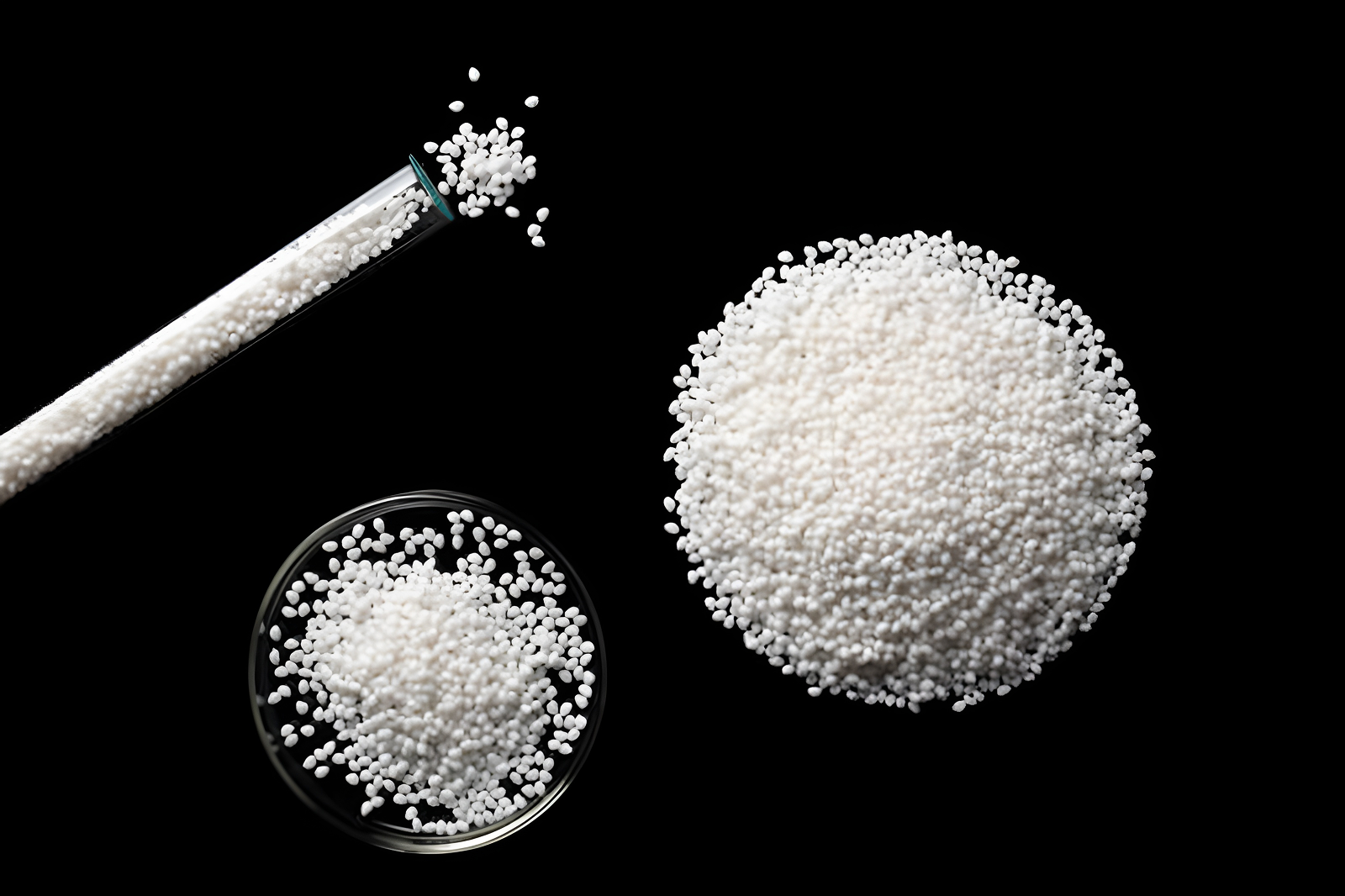 food-grade stabilizers extending pvc product lifespan — white polymer pellets in lab petri dish and test tube