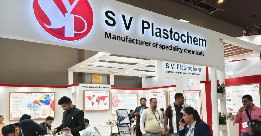 Visitors exploring S V Plastochem's speciality chemicals booth at Plastindia 2026, Hall 4F New Delhi