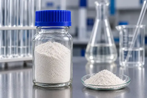 monobutyltin oxide MBTO catalyst powder in glass bottle and petri dish