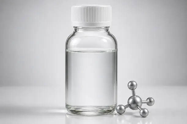methyl tin stabiliser laboratory bottle with molecular model